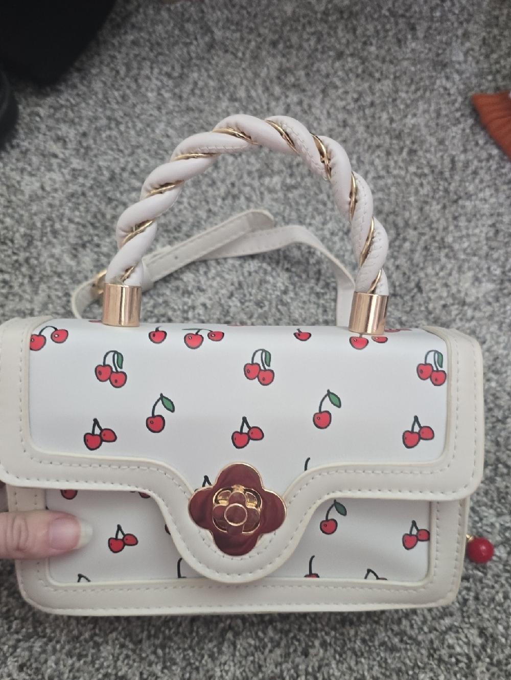 White Cherry Print Top-Handle Women's Bag